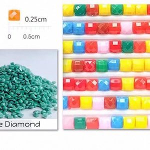 May include: Close-up of square diamond beads in a variety of colors, including red, yellow, blue, green, and pink. The beads are arranged in rows and are approximately 0.25 inches in size. The text "Square Diamond" is printed below the image.