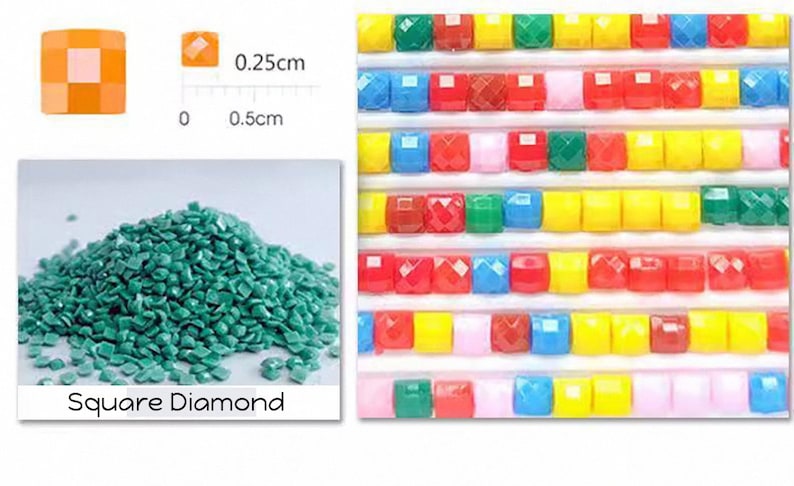 May include: Close-up of square diamond beads in a variety of colors, including red, yellow, blue, green, and pink. The beads are arranged in rows and are approximately 0.25 inches in size. The text "Square Diamond" is printed below the image.