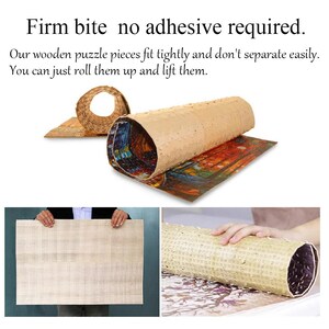 May include: A wooden jigsaw puzzle rolled up into a tube. The puzzle pieces fit together tightly without needing glue. The text on the image reads "Firm bite no adhesive required. Our wooden puzzle pieces fit tightly and don't separate easily. You can just roll them up and lift them."
