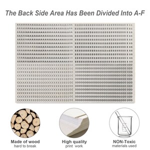 May include: A close-up of a wooden board with a grid pattern of letters. The letters are arranged in rows and columns, and they are all the same size. The board is made of wood, and it has a natural finish. The board is used for creating a variety of crafts, such as jewellery, home decor, and more.
