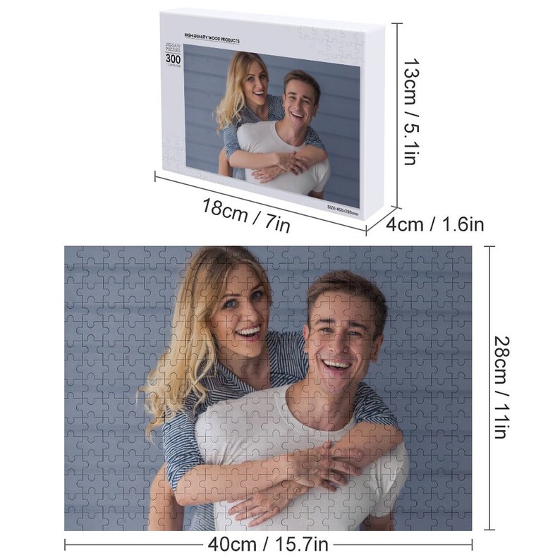 May include: A 300-piece jigsaw puzzle featuring a couple smiling and hugging. The puzzle is 40 cm wide and 28 cm tall.