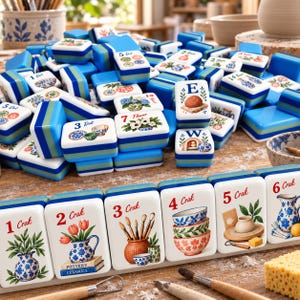 Pottery Studio American Mahjong-set, keramikinspirerade akrylplattor, anpassade bakfärger, present till keramikälskare, matchande Mahjong-matta finns tillgänglig