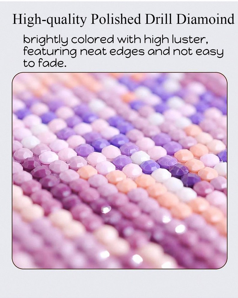 May include: Close-up of a diamond painting with small, round, iridescent purple, pink, and white rhinestones. The rhinestones are arranged in rows and create a gradient effect.