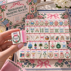 May include: A set of mahjong tiles featuring floral and needlepoint-themed illustrations, including numbers, directions, and joker tiles. The tiles are displayed alongside a box labeled Needlepoint & Mahjong Society with pink bow accents.