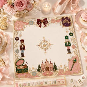May include: A square game board featuring a cream-colored center with a gold crown emblem. The border displays illustrations of nutcrackers, a ballet music box, a castle, a scepter, and ballet slippers, all accented with gold filigree and bows.