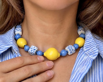 Ceramic Lemon Necklace with Blue & Yellow Beads, Cottagecore Jewelry, Colorful Statement Necklace, Handmade Pottery Jewelry