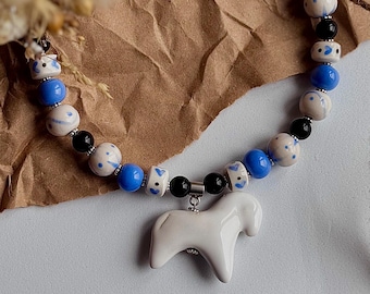 Ceramic horse necklace, handmade blue beaded statement necklace, ukrainian ceramic jewelry, ethnic pendant, new year gift
