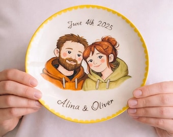 Custom Couple Handpainted Portrait Plate, Personalized Ceramic Plate, Wedding Gift, Anniversary Keepsake, Handmade Illustrated Plate