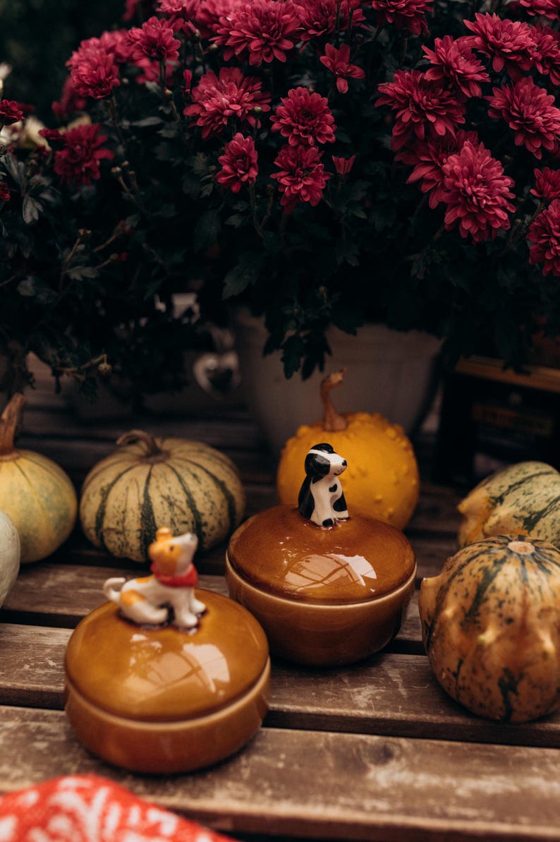 Artisan pottery keepsake box featuring adorable ceramic dog decoration on orange-brown crackled lid with blue ceramic cup base, cozy autumn home accent piece for jewelry organization
