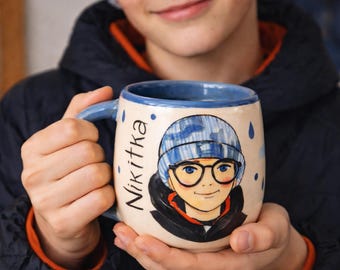 Custom Hand-Painted Ceramic Mug with Portrait, Personalized Name Mug 13oz/400 ml , Handmade Pottery Gift for Kids, Birthday Gift