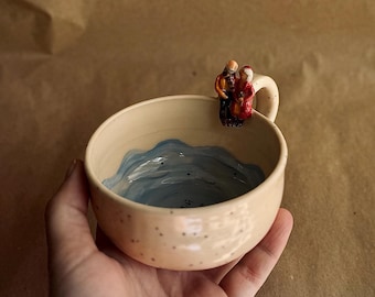 Custom mug with couple figurine, handmade ceramic coffee cup, personalized mini figurines,  custom text or picture, miniature figures