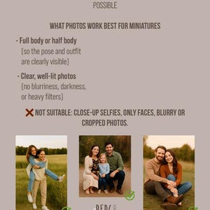 May include: A beige graphic with text about photo requirements for miniature cup designs. The text includes examples of suitable photos, such as full-body or half-body shots, and photos that are clear and well-lit. The image also shows example photos.