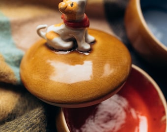 Ceramic keepsake box fall, autumn trinket box with dog, pet jewelry dish, cozy season decor, custom jewelry organizer