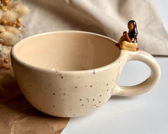 Custom ceramic mug with mini figurine, personalized handmade cup, unique portrait mug, custom gift for him or her