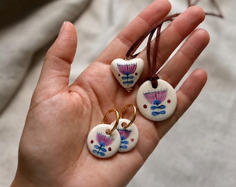 Handmade Ceramic Jewelry Set with Floral Earrings & Pendants, Folk Art Jewelry, Heart Necklace, Ukrainian Inspired Gift