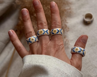 Handmade Ceramic Ring with Blue & Yellow Floral Design, Folk Inspired Pottery Ring, Hand Painted Ceramic Jewelry, Ukrainian Folk Gift
