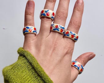 Ceramic Ring with Folk Floral Pattern, Handmade Stoneware Ring, Ukrainian Jewelry, Boho Slavic Statement Band, Artisan Painted Ring