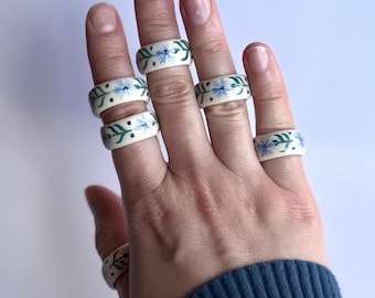 Handmade Ceramic Ring with Cornflower Design, Folk Style Band Ring, Ukrainian Inspired Jewelry, Unique Floral Statement Ring