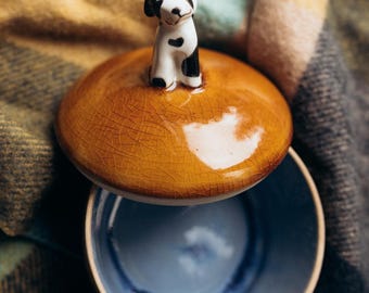 Ceramic dog decor box, small jewelry box with lid, pet lover gift, keepsake storage container, dog themed decor, animal trinket box