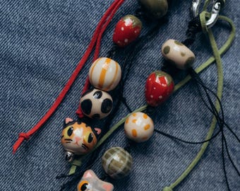 Beaded bag charm custom, ceramic animal keychain, cat purse charm, cute backpack charm, handbag accessory, phone charm strap, planner charm