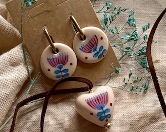 Ceramic Jewelry Set – Handmade Earrings, Ring, Necklace & Pendant with Folk Art Design, Slavic Jewelry