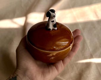 Ceramic Trinket Box with Lid – Handmade Brown Jewelry Container with Handpainted Dog Figurine