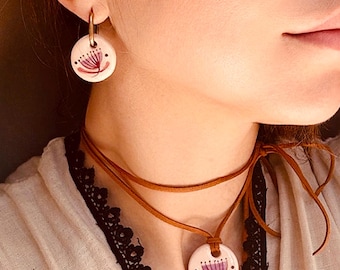 Handmade Ukrainian Ceramic Jewelry, Earrings, Pendant, Ring, Necklace Set, Folk art Slavic Jewelry Gift