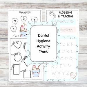 Könnte beinhalten: Ein Dental Hygiene Activity Pack mit verschiedenen Lernblättern. Die Arbeitsblätter umfassen Aktivitäten wie das Erkennen von Zahlen, das Nachzeichnen und die Durchführung von Zahnhygienepraktiken. Das Paket enthält Illustrationen von Zähnen, Zahnbürsten und Zahnpasta.