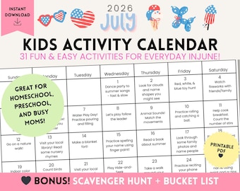 July Kids Activity Calendar | Preschool, Toddler, Homeschool Fun (PDF Download)