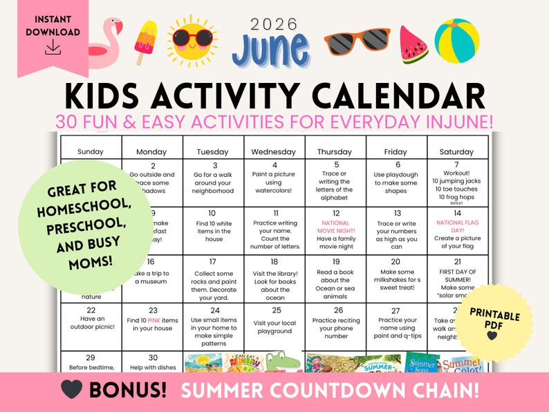 June Kids Activity Calendar | Preschool, Toddler, Homeschool Fun (PDF ...