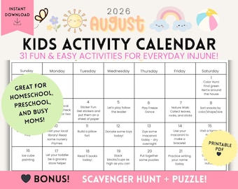 August Kids Activity Calendar | Preschool, Toddler, Homeschool Fun (PDF Download)