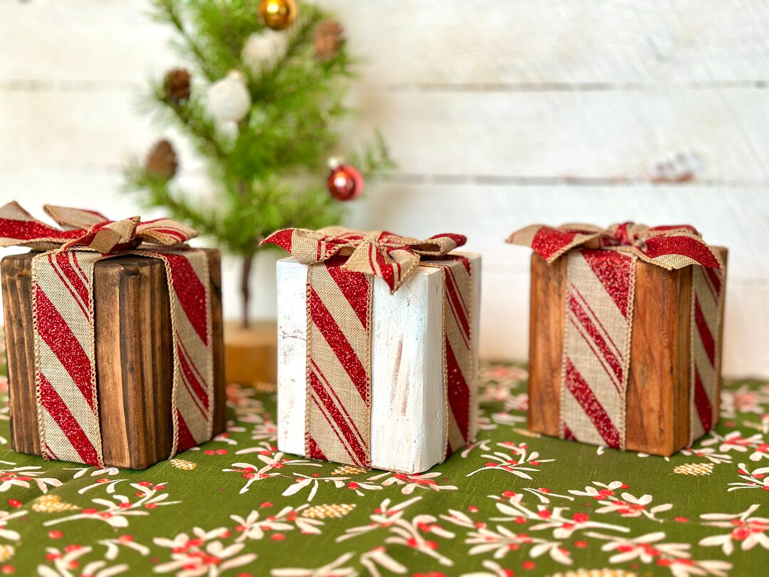 Rustic Wood Christmas Gift Blocks Decor - Holiday Home Decorations Set ...