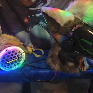 May include: A furry protogen mask with a black visor displaying green digital eyes and rainbow faux fur ears. Beside it sits a circular speaker featuring a white honeycomb grille, a glowing rainbow LED ring, and the text GEFORCE RTX in black.