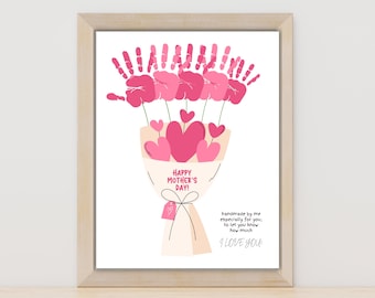 Créations artisanales d'empreintes de main pour la fête des mères, empreinte de main artistique, fête des mères, loisirs créatifs pour la fête des mères pour les tout-petits, poème de maman empreinte de main de bouquet de fleurs, imprimable
