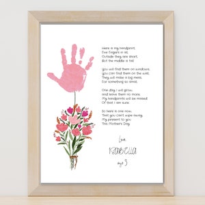 Muttertags-Handabdruck-Kunst zum Ausdrucken, Mutter-Handabdruck-Bastelarbeit, 1. Muttertagsgeschenk, Vorschul-Bastelarbeiten, Blumen-Handabdruck-Gedicht Mama