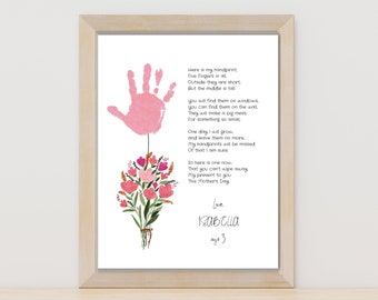 Impression d'art empreinte de main fête des mères, artisanat d'empreinte de main de maman, 1er cadeau fête des mères, travaux manuels préscolaires empreinte de main fleur poème maman