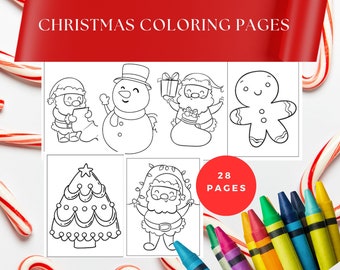 May include: A set of 28 black and white Christmas coloring pages featuring Santa Claus, a snowman, a gingerbread man, and a Christmas tree. The pages are ready to be colored with crayons or markers.