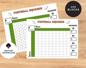 May include: Printable football squares game template with 100 blocks. The template has a green background and includes a section for team names, a grid for squares, and a section for payouts for each quarter.