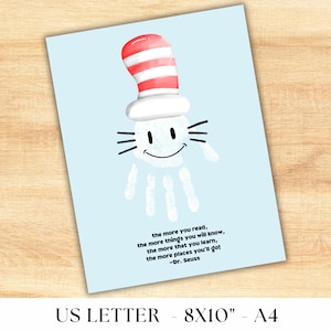 The Cat in the Hat Handprint Art, Read Across America Craft Ideas, Dr Seuss Activities, Printable Dr Seuss Craft Preschoolers, Printable PDF