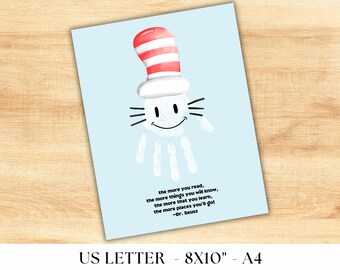 De kat met de hoed handafdrukkunst, Read Across America Ambachtelijke ideeën, Dr Seuss-activiteiten, afdrukbare Dr Seuss Craft-kleuters, afdrukbare pdf