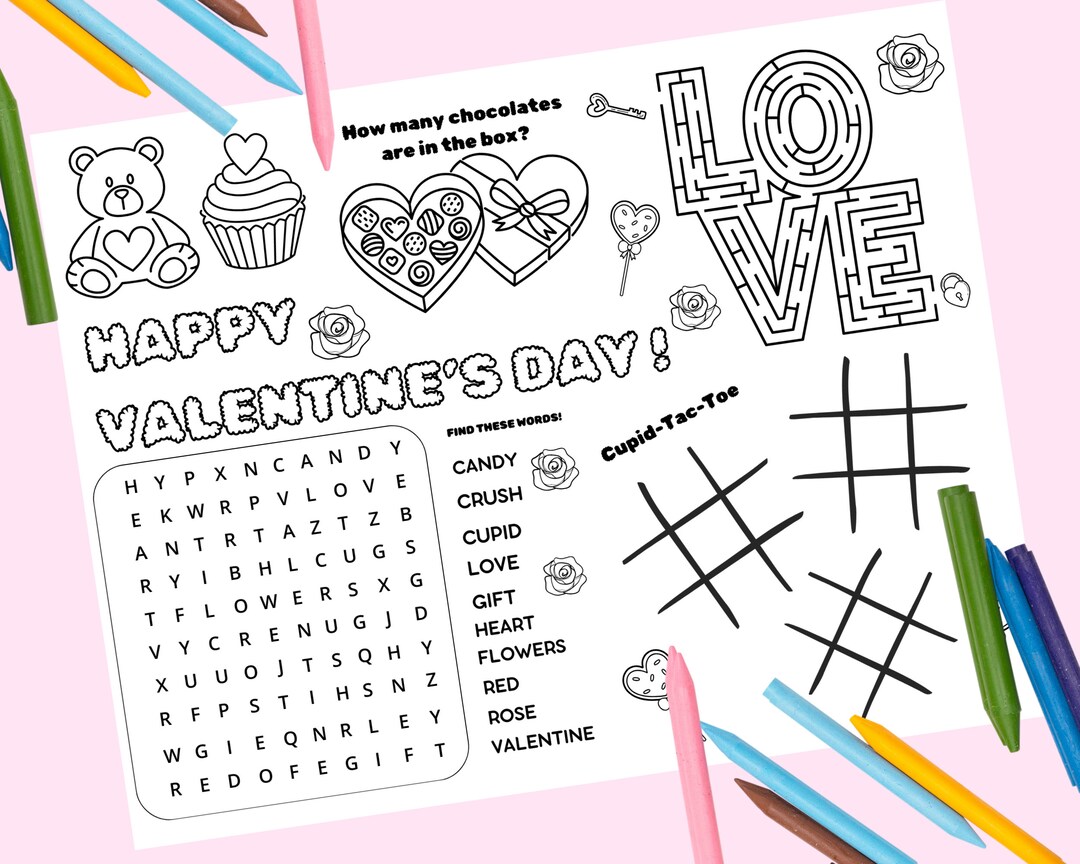 Valentine Activity Coloring Kids Placemat Valentine's Day Table ...