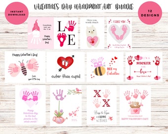 May include: Twelve printable Valentine's Day cards featuring handprint art designs. The cards include a variety of themes, such as "I love you woolly much", "Bee my Valentine", and "Cuter than Cupid".