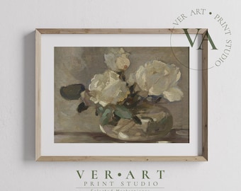 ニュートラルフラワーの静物画の印刷可能な壁アート、ヴィンテージローズの花瓶の絵画、農家の装飾のデジタルアート、白い花の壁の装飾、STLF11