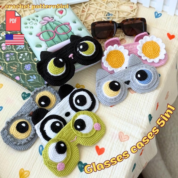 Modèle d'étui à lunettes au crochet PDF 5 en 1, joli porte-lunettes, étui à lunettes de soleil animal, modèle au crochet Amigurumi en anglais, idée cadeau DIY