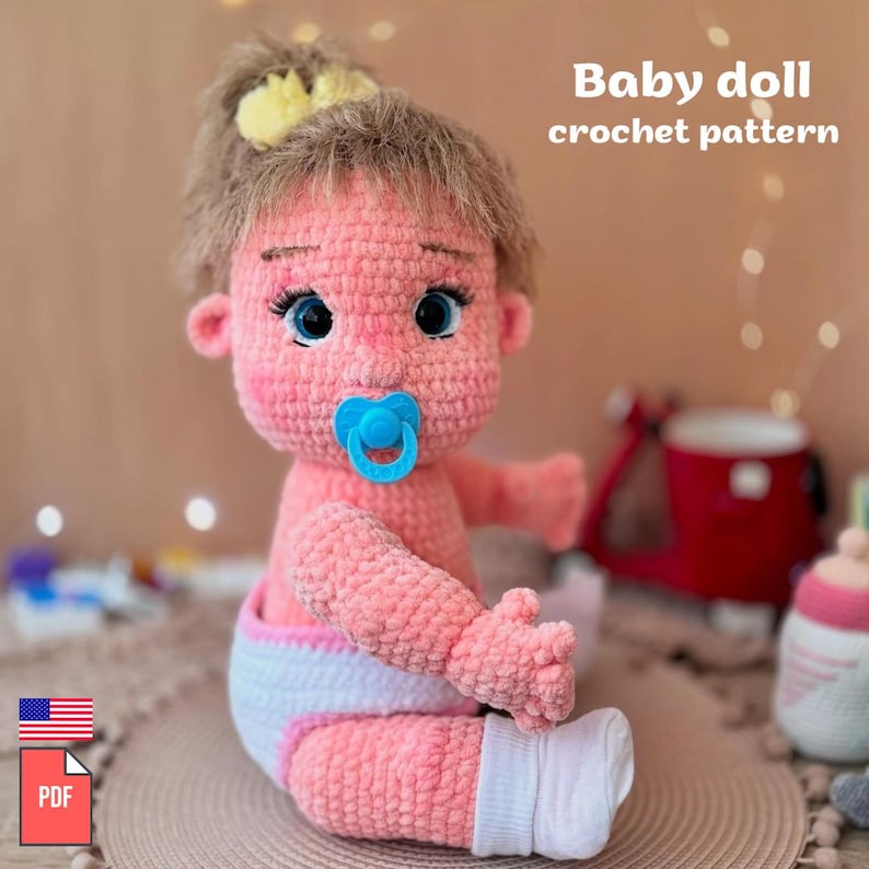 May include: Crochet pattern for a pink baby doll with blue eyes, a pacifier, and a white diaper. The doll is sitting on a brown surface. The pattern is available as a PDF download.