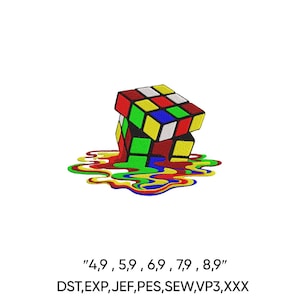 May include: An embroidered patch featuring a melting Rubik's Cube design. The cube is rendered in its classic colors: red, white, yellow, blue, green, and orange. The melted colors flow below the cube. The text "4,9,5,9,6,9,7,9,8,9" and file types are below.