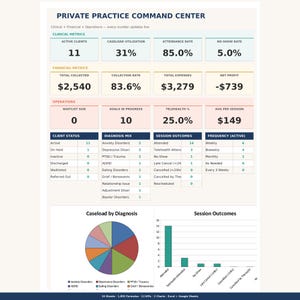 Op de afbeelding: Een wit document getiteld "PRIVATE PRACTICE COMMAND CENTER" met datavisualisaties. Grafieken en tabellen tonen klinische en financiële statistieken, waaronder actieve cliënten, caseloadgebruik en nettowinst. Gegevens omvatten percentages, dollarbedragen en tellingen.