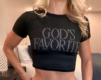 Tight GOD'S FAVORITE Crop Top Baby Tee Y2K Shirt with Rhinestones 2000s Aesthetic T Shirt