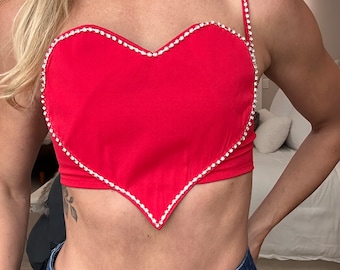 Hand Sewn Valentine Shirt with Bedazzle Red Heart Crop Top