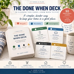 Peut inclure: Un jeu de 90 cartes de tâches ménagères intitulé The Done When Deck, comprenant quatre catégories codées par couleur : vert pour Low Spoons, bleu pour Steady, noir pour High Power et jaune pour Patrol. Chaque carte contient des instructions.